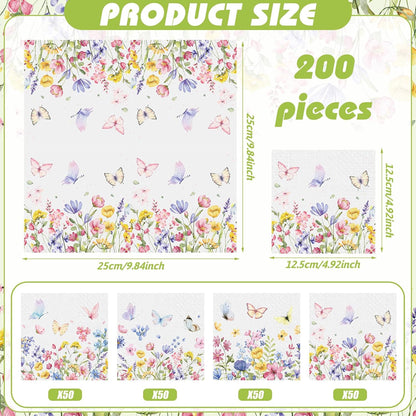 Fulmoon 200 Pieces Summer Floral Cocktail Napkins Disposable Wildflower Dessert Paper Napkins Bulk Flower Decoupage Beverage Towel for Summer Tea Party Dinner Decorative