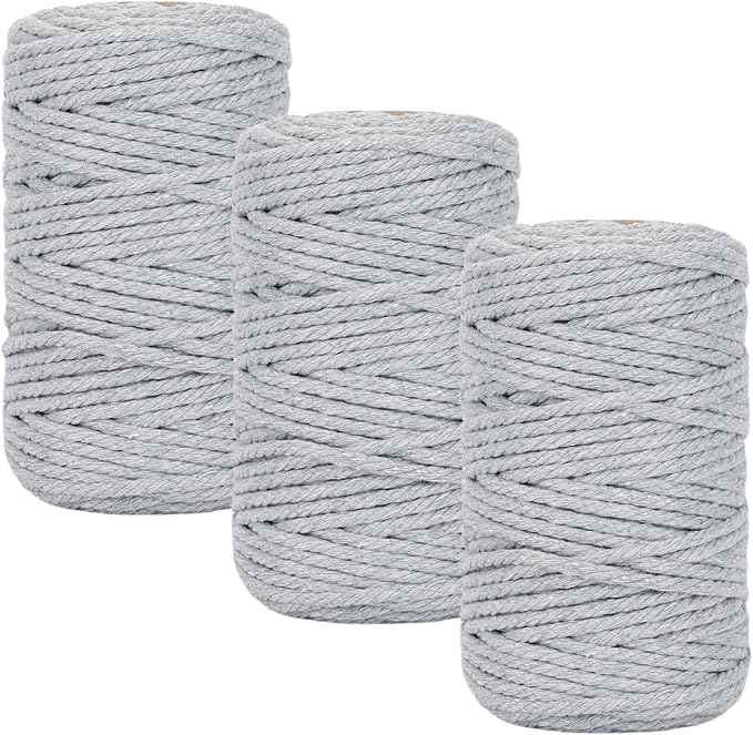 Macrame Cord 3mm x 164 Yards, 3 Rolls Gray Colored Macrame Cotton Cord Rope Kit Macrame Yarns Bulk String 4 Strands Twisted for Wall Hanger Plant Hanging DIY Crafts Knitting Macrame Supplies
