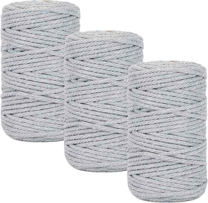 Macrame Cord 3mm x 164 Yards, 3 Rolls Gray Colored Macrame Cotton Cord Rope Kit Macrame Yarns Bulk String 4 Strands Twisted for Wall Hanger Plant Hanging DIY Crafts Knitting Macrame Supplies