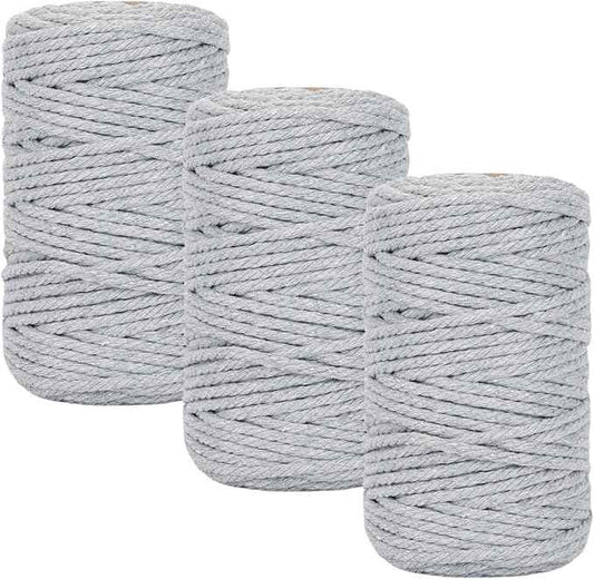 Macrame Cord 3mm x 164 Yards, 3 Rolls Gray Colored Macrame Cotton Cord Rope Kit Macrame Yarns Bulk String 4 Strands Twisted for Wall Hanger Plant Hanging DIY Crafts Knitting Macrame Supplies