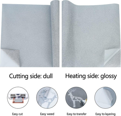 guangyintong Glitter Silver Heat Transfer Vinyl HTV Rolls, 12" x 8ft Iron on Vinyl for T-Shirts Glitter Silver HTV Vinyl for All Cutter Machines Easy to Cut & Weed for Heat Vinyl Design
