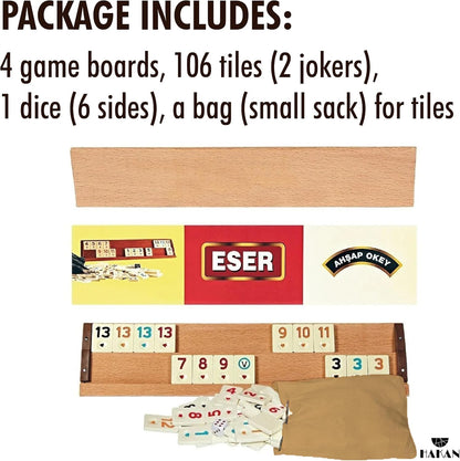 Hakan Turkish Okey Game Rummy Cube Game Rummy Cube Set with 4 Straight Wooden Racks Tile Holder and 106 Melamine Tiles Stones in Pouch