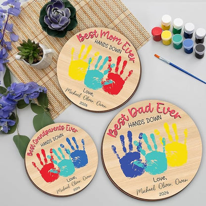 Personalized Hands Down Best Grandma Ever Handprint Kit with Non-Toxic Paint, Family Craft Wooden Sign, Fathers Day Handprint Plaque Keepsake, Valentines Day Birthday Gift for Mom, Dad, Grandma, Nana