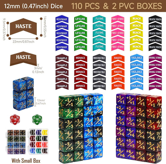 110PCS MTG Tokens & 12mm Life Counter Dice Set for Magic The Gathering with Box, Bulk Ability MTG Tokens D20 Loyalty 6 Sided Dice, Compatible with TCG CCG Magic Card Gaming Accessories