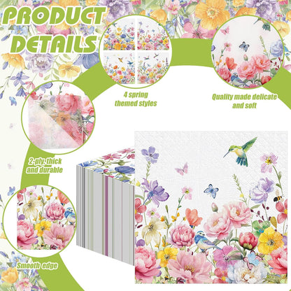 Janlaugh 200 Pcs Summer Floral Cocktail Napkins Disposable 2 Ply Flower Hummingbird Butterfly Dinner Paper Napkins Bulk for Summer Party Favor Supplies