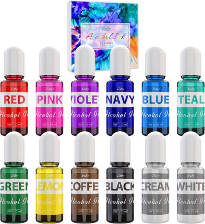 Alcohol Ink Set - 12 x 0.35oz Colors Alcohol Based Ink for Epoxy Resin Painting, Resin Petri Dish Making, Resin Art - Concentrated Alcohol Paint Color Dye for Coaster, Yupo, Tumbler Making - 10ml Each