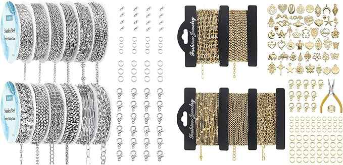 Ecofor Jewelry Making Super Bundle - 111.7 Feet 14K Gold & Stainless Steel Chains with 500+ Findings, 50 Pendants & Tools (17 Rolls)