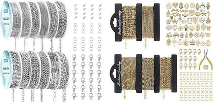 Ecofor Jewelry Making Super Bundle - 111.7 Feet 14K Gold & Stainless Steel Chains with 500+ Findings, 50 Pendants & Tools (17 Rolls)