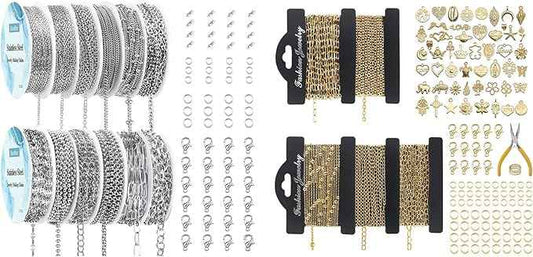Ecofor Jewelry Making Super Bundle - 111.7 Feet 14K Gold & Stainless Steel Chains with 500+ Findings, 50 Pendants & Tools (17 Rolls)
