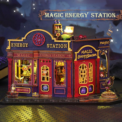 DIY Book Nook Kit - DIY Miniature Dolls House Kit with Furniture and LED Light, 3D Puzzle Wooden Art Bookends, Model Kits for Adults to Build (Magic Energy Station)