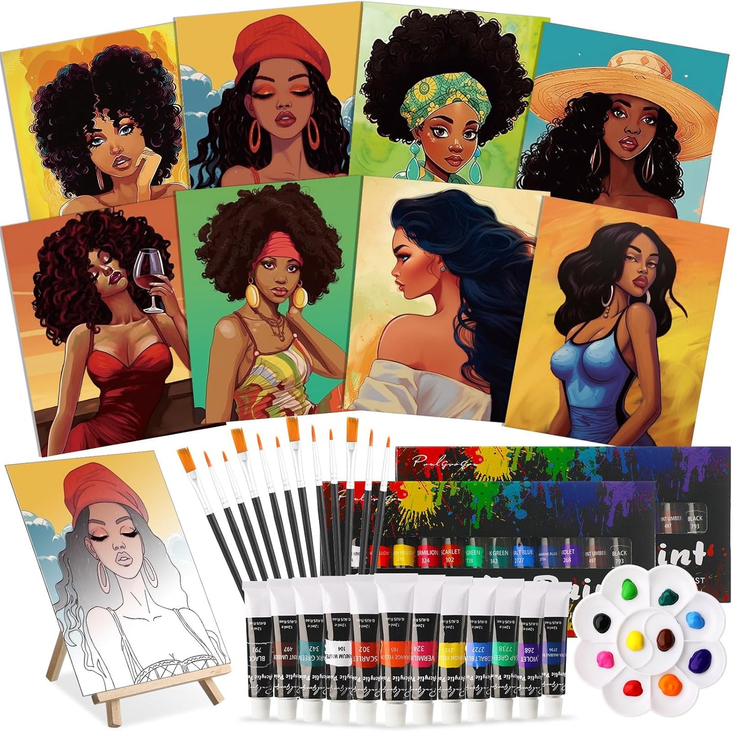 Cholemy 36 Pcs Paint and Sip Kit for Adults 8''x10'' Pre Drawn Canvas for Painting DIY Afro Acrylic Painting Kit Wood Easel Brushes Date Night Bulk for Christmas Party Gifts(Fashion Women) - Crafty Corner