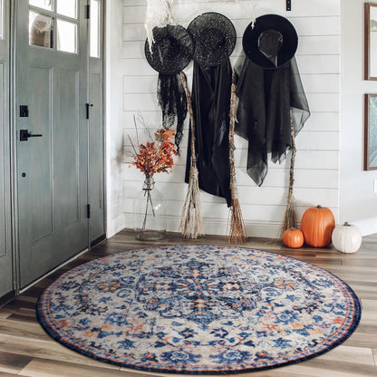 Lahome Round Rug 4ft, Washable Bathroom Rug Non Slip Entryway Circle Mat, Bohemian Vintage Non-Slip Non-Shedding Low Pile Printed Indoor Carpet for Kitchen Laundry Entryway, Blue Purple/Multi