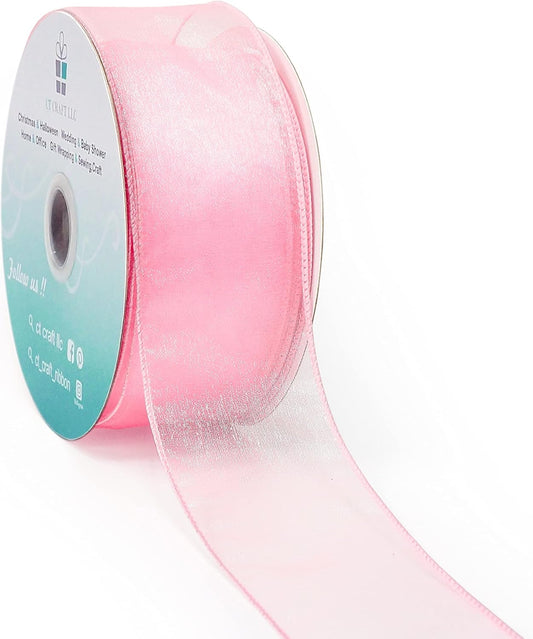 CT CRAFT LLC Sheer Organza Wired Ribbon 2.5" x 50Yards Pink for Wedding Chair Bow Flora Bouquet Gift Wrapping Christmas Tree Home Decor Wreath - Crafty Corner