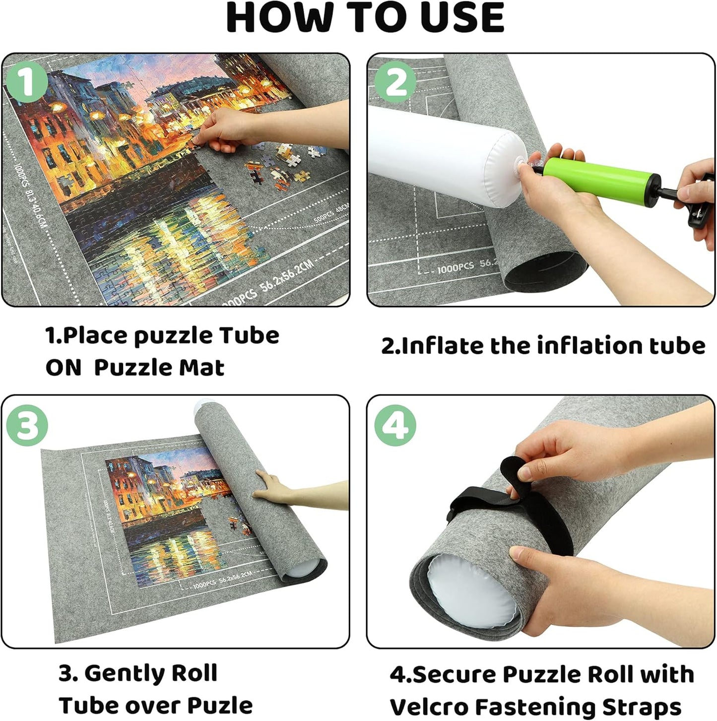 Portable Puzzle Mat Roll Up - with 9 Glue Sheets, Sorting Trays, Hand Pump, Inflatable Tube, and Storage Bag - Perfect for Kids and Adults (Gray, 1500pcs)