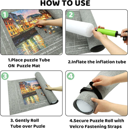 Portable Puzzle Mat Roll Up - with 9 Glue Sheets, Sorting Trays, Hand Pump, Inflatable Tube, and Storage Bag - Perfect for Kids and Adults (Gray, 1500pcs)