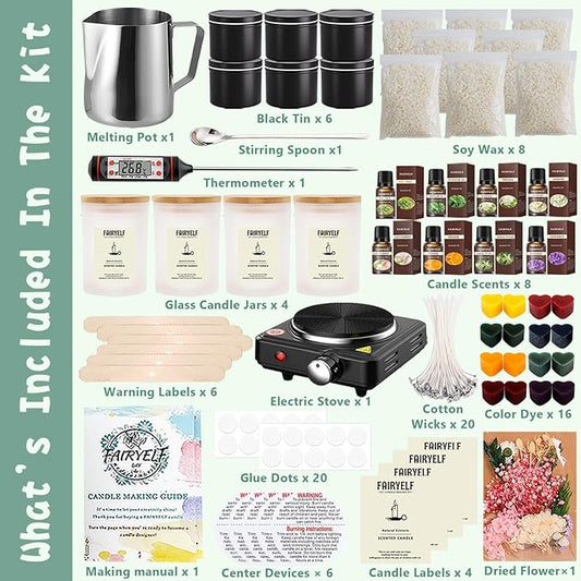 FAIRYELF Premium Candle Making Kit with Wax Melter, DIY Starter Scented Candles Making Kit for Adults Include Glass Jar & Tins, Scents & Color Dyes & More - Perfect as Home Decorations