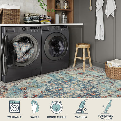 Lahome Bohemian Floral Medallion Runner Rug - 2x6 Hallway Laundry Rug Runner Washable Kitchen Sink Mat Distressed Turkish Non-Slip Soft Bedside Carpet for Doorway Bedroom, Vintage Teal/Multi