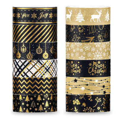Whaline 12 Rolls Christmas Washi Tape Black Gold Xmas Washi Masking Tape Foil Gold Snowflake Xmas Tree Xmas Tree Ball Plaid Pattern Decorative Tape for Scrapbook Journal DIY Craft Gift Wrapping