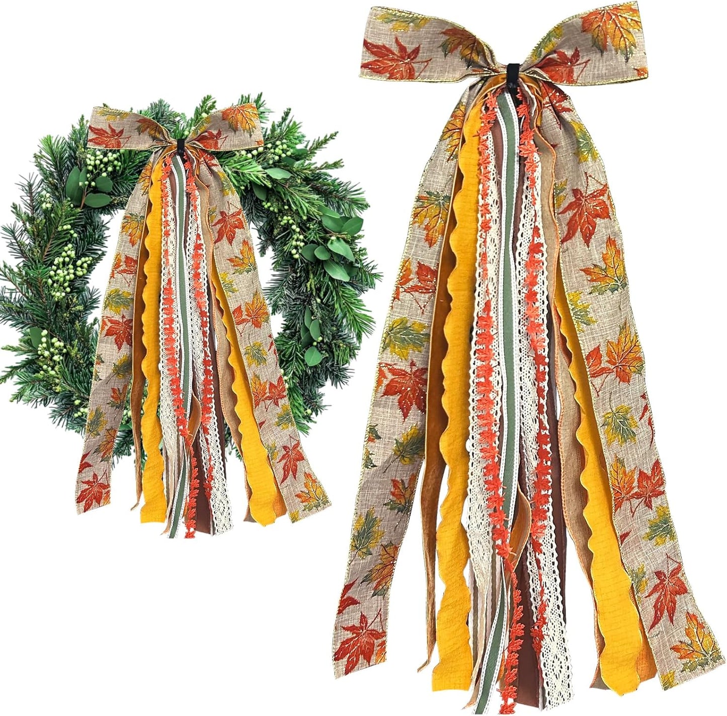 Large Fall Ribbon Bow for Wreath, Orange Maple Leaves Fabric Ribbons Set Assorted Lace Ribbon Fall Clip-On Wreath Sash Ribbons Bundle for Thanksgiving Indoor Outdoor Decor - Crafty Corner