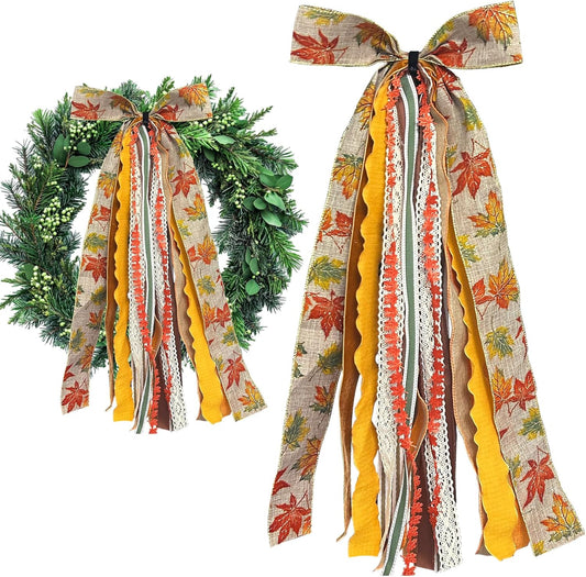 Large Fall Ribbon Bow for Wreath, Orange Maple Leaves Fabric Ribbons Set Assorted Lace Ribbon Fall Clip-On Wreath Sash Ribbons Bundle for Thanksgiving Indoor Outdoor Decor - Crafty Corner