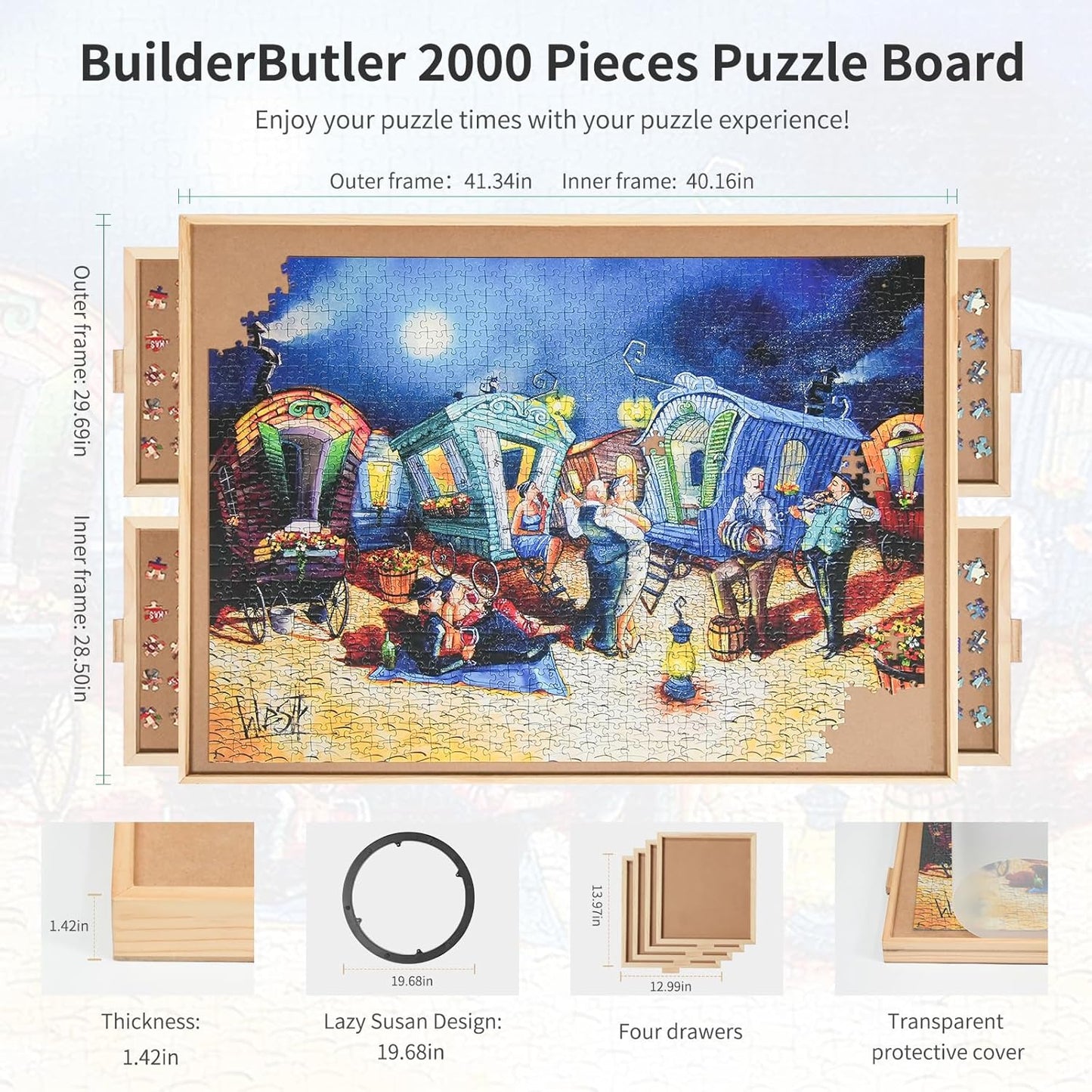 2000 Pieces Rotating Puzzle Board with 4 Drawers,40.16"x28.5" Portable Wooden Jigsaw Puzzle Table with Lazy Susan Spinning Cover for Adults