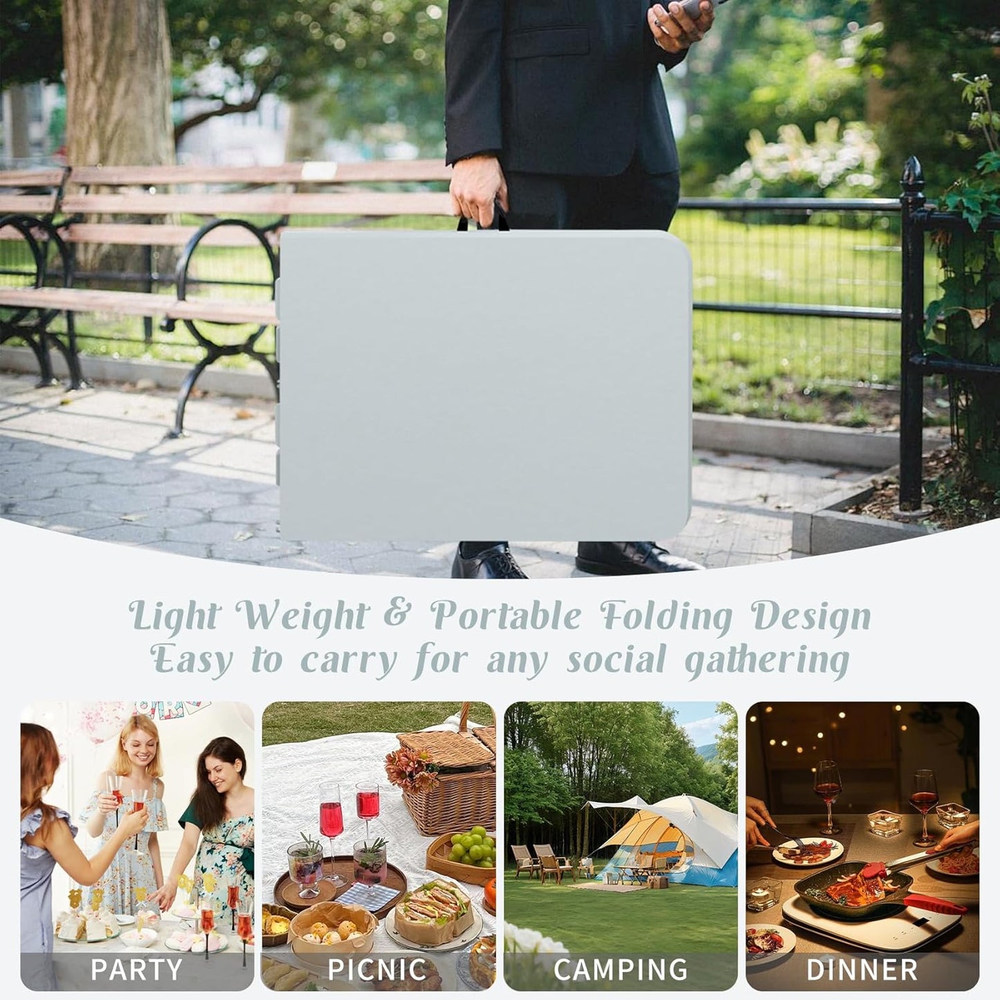 2 Pack 6 FT Folding Tables Grey Foldable Table, Fold-in-Half with Carrying Handle Portable Plastic Rectangular Table for Party, Dining, Wedding, Camping, Picnic, Indoor Outdoor Events