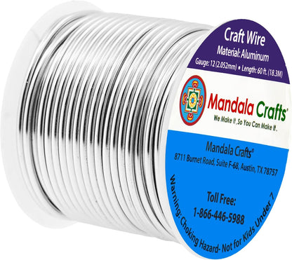Mandala Crafts 12 Gauge Anodized Aluminum Craft Wire for Jewelry Making - 60 FT Colored Flexible Silver Tone Wire - Bendable for Bonsai Armature Crafting Sculpting - Crafty Corner