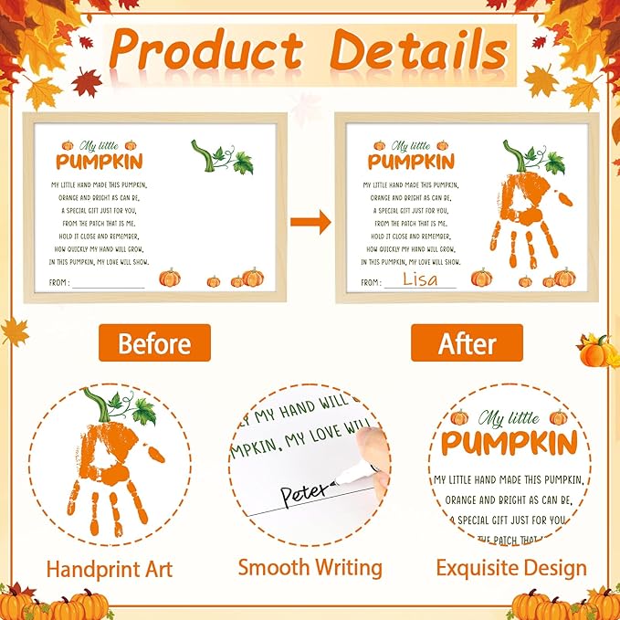 Thanksgiving My Little Pumpkin Poem Handprint Art Craft DIY Kit Thanksgiving DIY Gifts Fall Autumn Pumpkin Handprint Art Keepsake with Wood Frame for Mom Dad Friend Holiday Activities 12x16 Inch