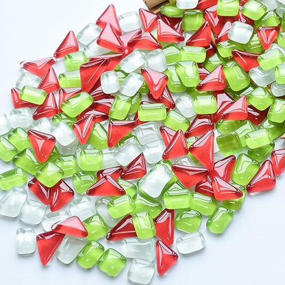 Mosaic Tiles for Crafts Assorted Color Glass Glitter Mosaic Supplies Pieces Bulk Square Square Triangle Rectangle Irregular Size, 200g (Green Red White Mix)