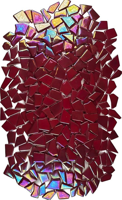 Irregular Glass Mosaic Tiles Bulk 500g Glossy and Iridescent Mosaic Glass Tiles for DIY Projects and Arts and Crafts Solid Colors and Mixes (Iridescent Red)