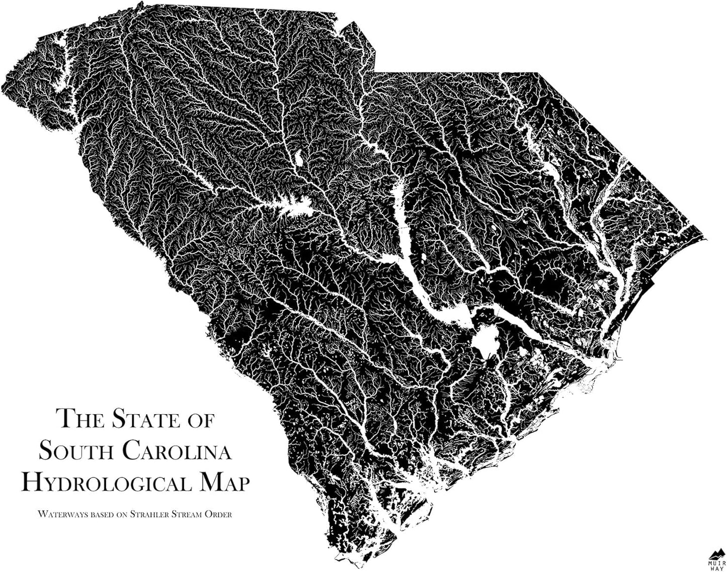 Muir Way Hydrological River Map of South Carolina - Watershed Topographic Wall Art for Home, Office, or Travel Decor - Unframed Flat Paper Print, 18x24