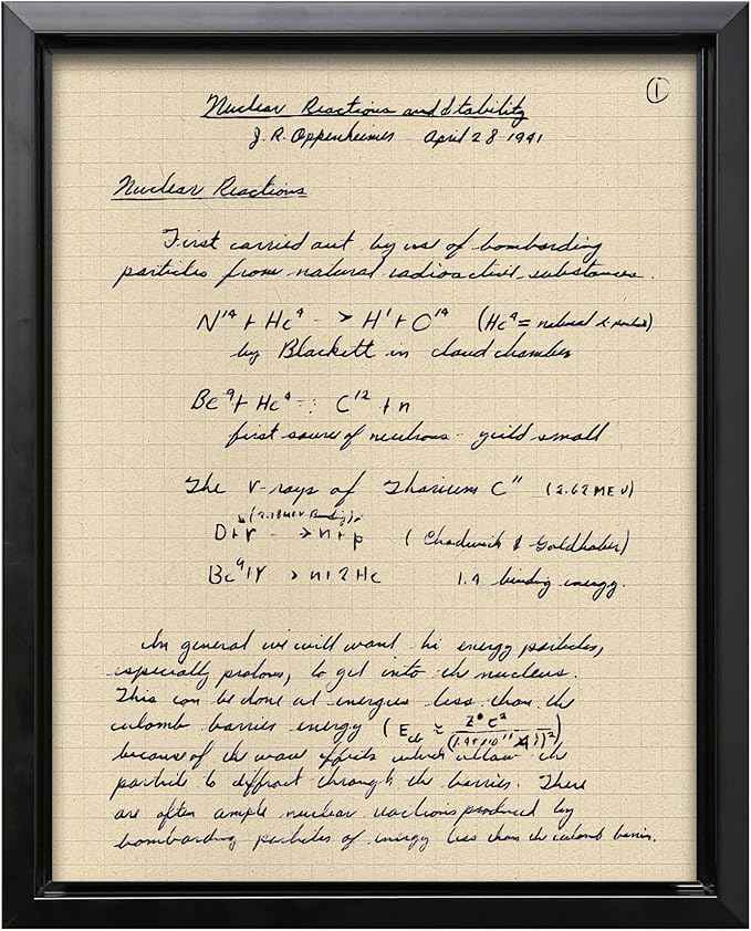 Poster Master Oppenheimer Canvas - Retro Atomic Bomb Manuscript Print - Manhattan Project Art - Gift for Him, Her, Scientist - Physics Decor for Office, Library - 8x10 Black Framed Canvas