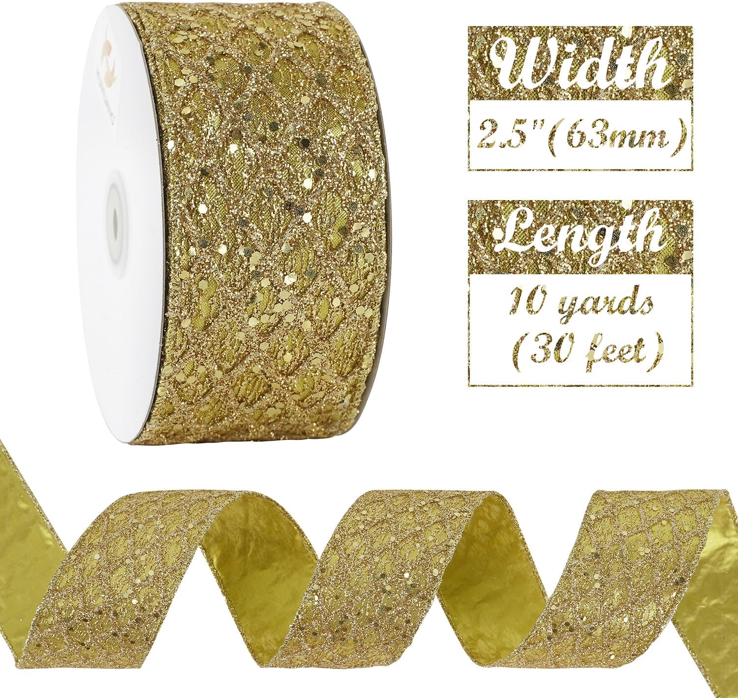 HUIHUANG Gold Glitter Wired Ribbon for Christmas Tree 2.5 inch Gold Diamond Mesh Ribbon for Tree Decoration, Wreaths, Garland, Gift Wrapping, Large Bows Making, Home Decor -10 Yards - Crafty Corner
