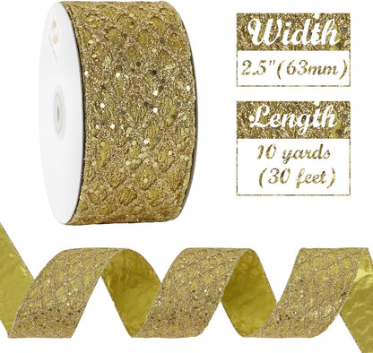 HUIHUANG Gold Glitter Wired Ribbon for Christmas Tree 2.5 inch Gold Diamond Mesh Ribbon for Tree Decoration, Wreaths, Garland, Gift Wrapping, Large Bows Making, Home Decor -10 Yards - Crafty Corner