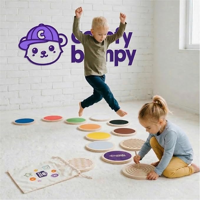 ComfyBumpy Wooden Stepping Stones for Kids | Set of 13 Montessori Stepping Stones for Toddlers - Double-Sided Stepping Stone Kit with Colors, Engraved Numbers and Shapes for Balance & Sensory Play