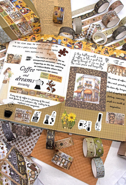 Coffee Themed Washi Tape Set, 14 Rolls Vintage Crafts Tape, Art Decorative Tape for Scrapbooking Supplies, Junk Journal, Bullet Journaling, Vision Board Supplies