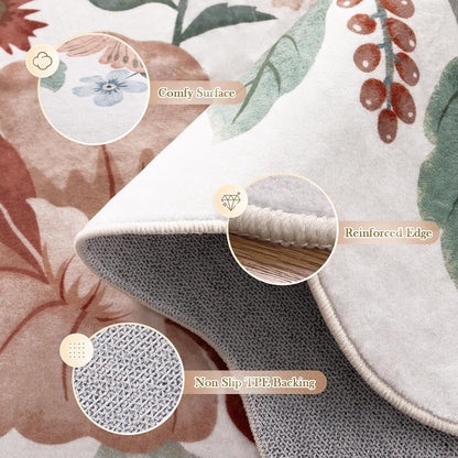 Beeiva Living Room Area Rug 6 x 9 - Scalloped Floral Printed Boho Flower Rugs for Bedroom Playroom Soft Non Slip Large Aesthetic Carpet for Nursery Dorm Office(Beige,6x9ft)