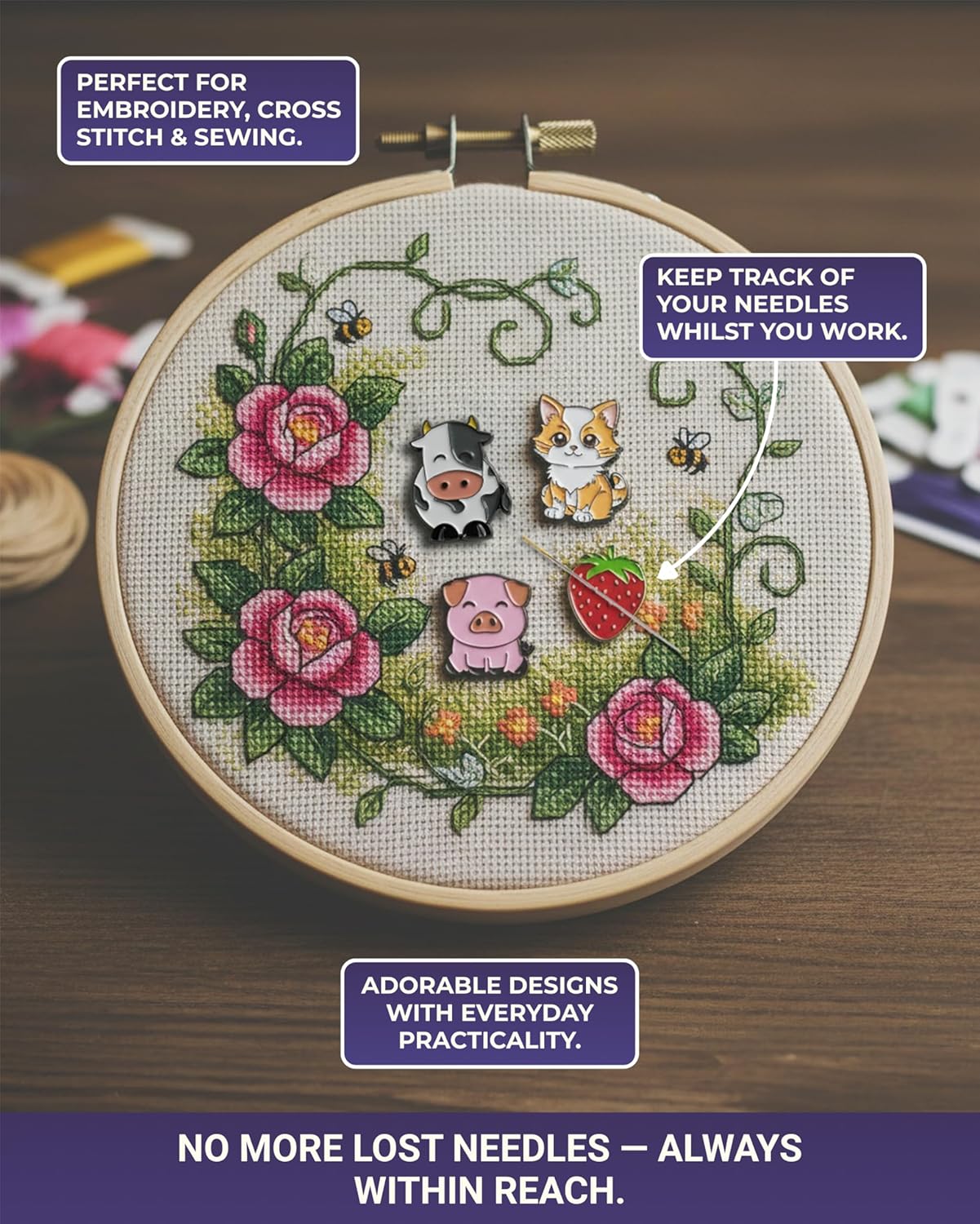 The Quilted Bear Needle Minder - Needle Minder Magnet for Keeping Sewing & Embroidery Needles, Cross Stitch Needles Safe - Stress Free Stitching Cross Stitch Supplies & Embroidery Supplies (Cat)