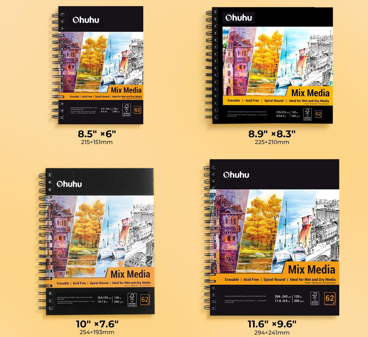 Ohuhu Mix Media Pad, 10"x7.6" Mixed Media Art Sketchbook, 120 lb/200 gsm Heavyweight Papers, 62 Sheets/124 Pages, Spiral Bound Mixed Media Paper Pad for Acrylic, Painting Christmas Gift - Crafty Corner