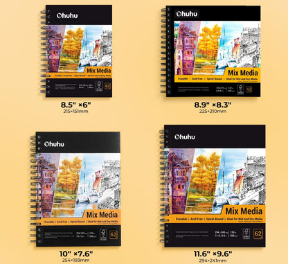 Mix Media Pad, Ohuhu Mixed Media Art Sketchbook, 120 LB/200 GSM Heavyweight Papers, 62 Sheets/124 Pages, Spiral Bound Mixed Media Paper Pad for Christmas Gift - Crafty Corner
