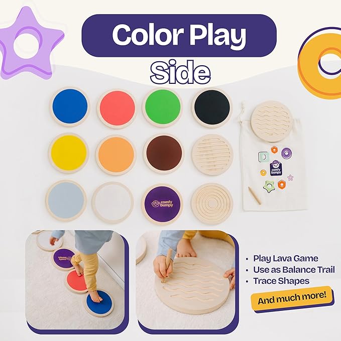 ComfyBumpy Wooden Stepping Stones for Kids | Set of 13 Montessori Stepping Stones for Toddlers - Double-Sided Stepping Stone Kit with Colors, Engraved Numbers and Shapes for Balance & Sensory Play