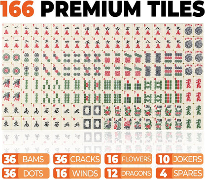 MUTEX American Mahjong Game Set, 166 Premium Mahjong Tile Set with Traveler Size Stylish Blue Carrying Bag, Western Mahjong Set with 4-Piece Walnut Wood Mahjong Racks/Pushers, Mahjong Ma Jong Set