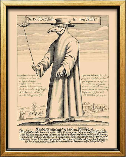 Poster Master Doctor Schnabel from Rome Canvas - Retro Plague Doctor Print - Medieval Art - Gift for Men & Women - Great Wall Decor for Dorm, Living Room or Bedroom - 8x10 Gold Framed Canvas
