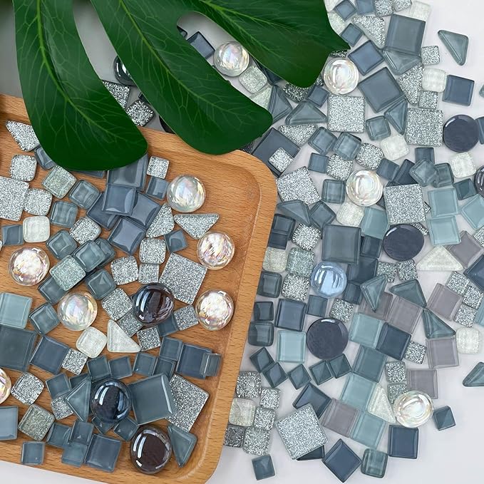 LITMIND 1.1 LB Gray Irregular Glass Mosaic Tiles with Backing, Assorted Mosaic Shapes for Creative Crafts – Ideal for Adult Mosaic Kits, Puzzles, and Artwork Projects