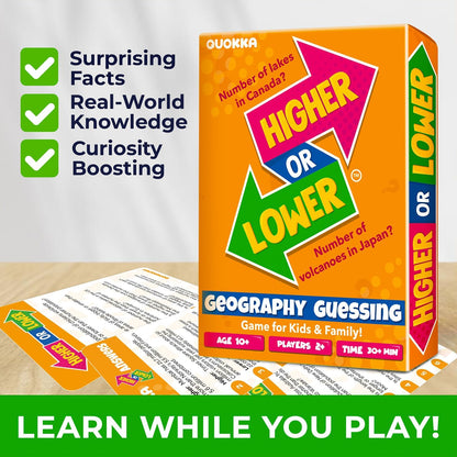 QUOKKA Trivia Board Games for Kids and Adults - Version V2.0 - Family Night Geography Games 4xSet Higher or Lower Trivia Cards | Guess Fun Questions | 2 + Players - Challenge Your Geography Knowledge