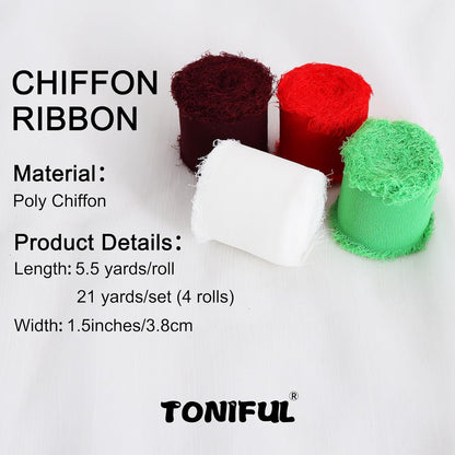 TONIFUL 4 Rolls Silk Chiffon Ribbon 1-1/2 Inch x 22 Yards, Bright Red and Green Handmade Fringe Silk Ribbon Set for Gift Wrapping Flowral Bouquets Crafts Christmas Wreath Elf-Themed Party Decoration - Crafty Corner
