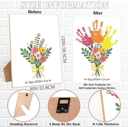 Mother's Day Flower Handprint Art Wooden Making Sign, Mothers Day Crafts Gifts for Mom Grandma Grandmother First Time Mom, Baby Handprint Keepsake for Family Activities, 9x12 Inch