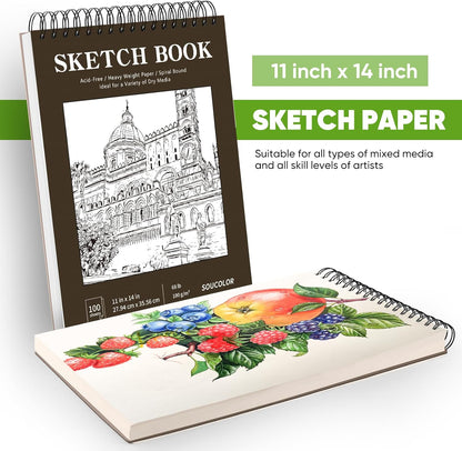Soucolor 11" x 14" Large Sketchbook, 100 Sheets 68lb/100gsm Top Spiral Bound Large Sketch Pad, Acid Free Big Sketch Paper for Drawing, Illustration, Art Class Students - Crafty Corner