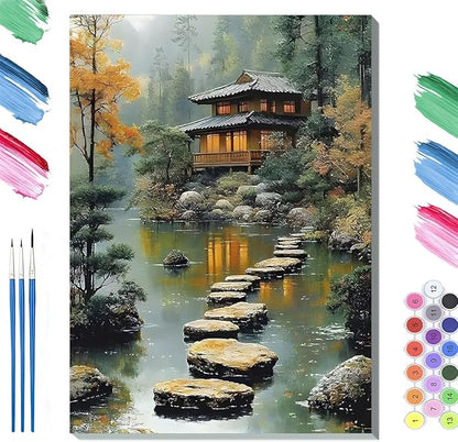Paint by Numbers Kit for Adults Framed, Japanese Tea House with Stepping Stones, DIY Oil Painting, Pre-Printed Canvas Wall Art Home Decor Gift, 20x24inch Framed, 24 Colors