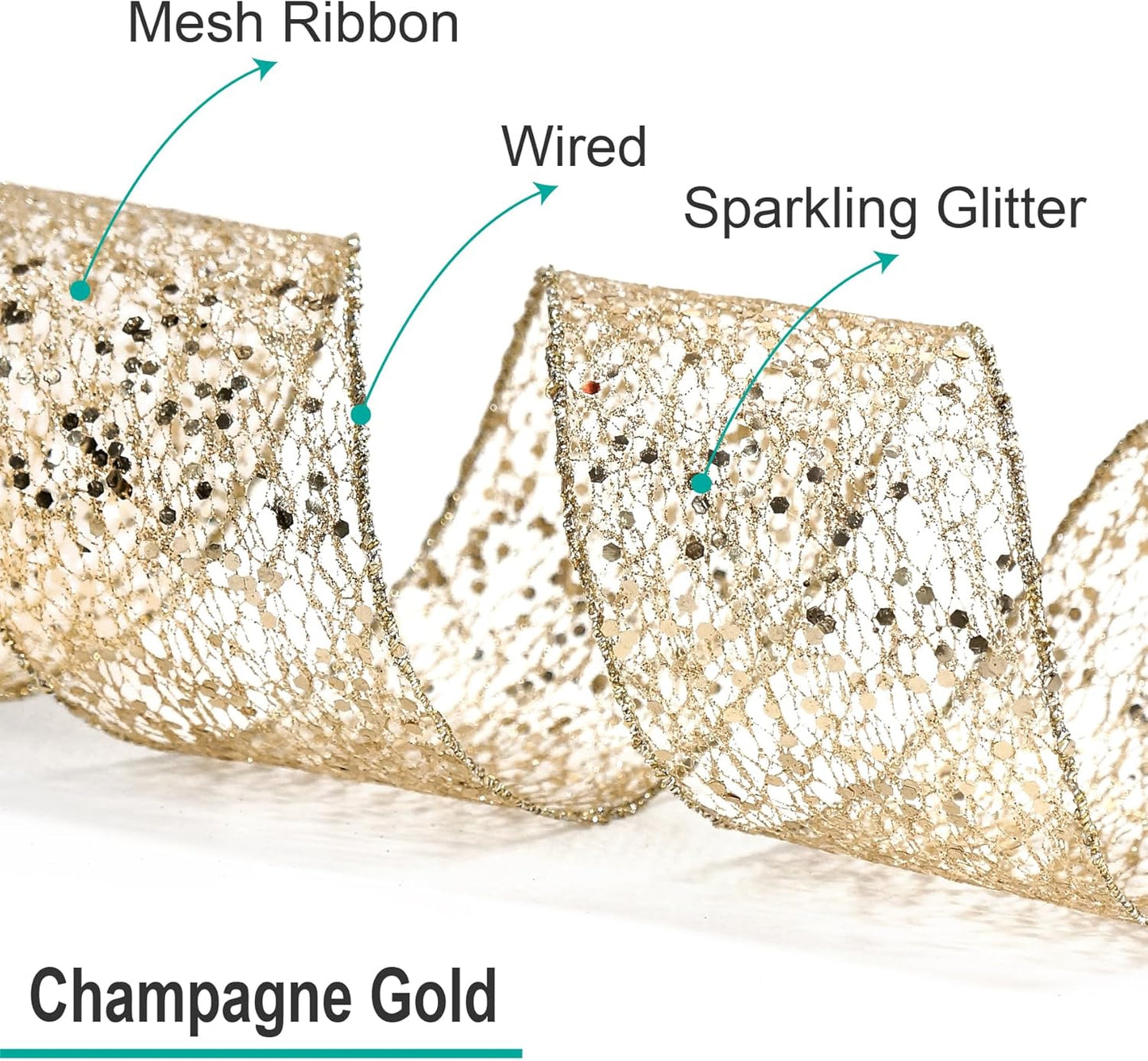 CT CRAFT LLC Sparkling Glitter Mesh Wired Ribbon 2.5" x 10 Yards Champagne Gold for Christmas Home Decor Bow Gift Wrapping DIY Crafts Wreath - Crafty Corner